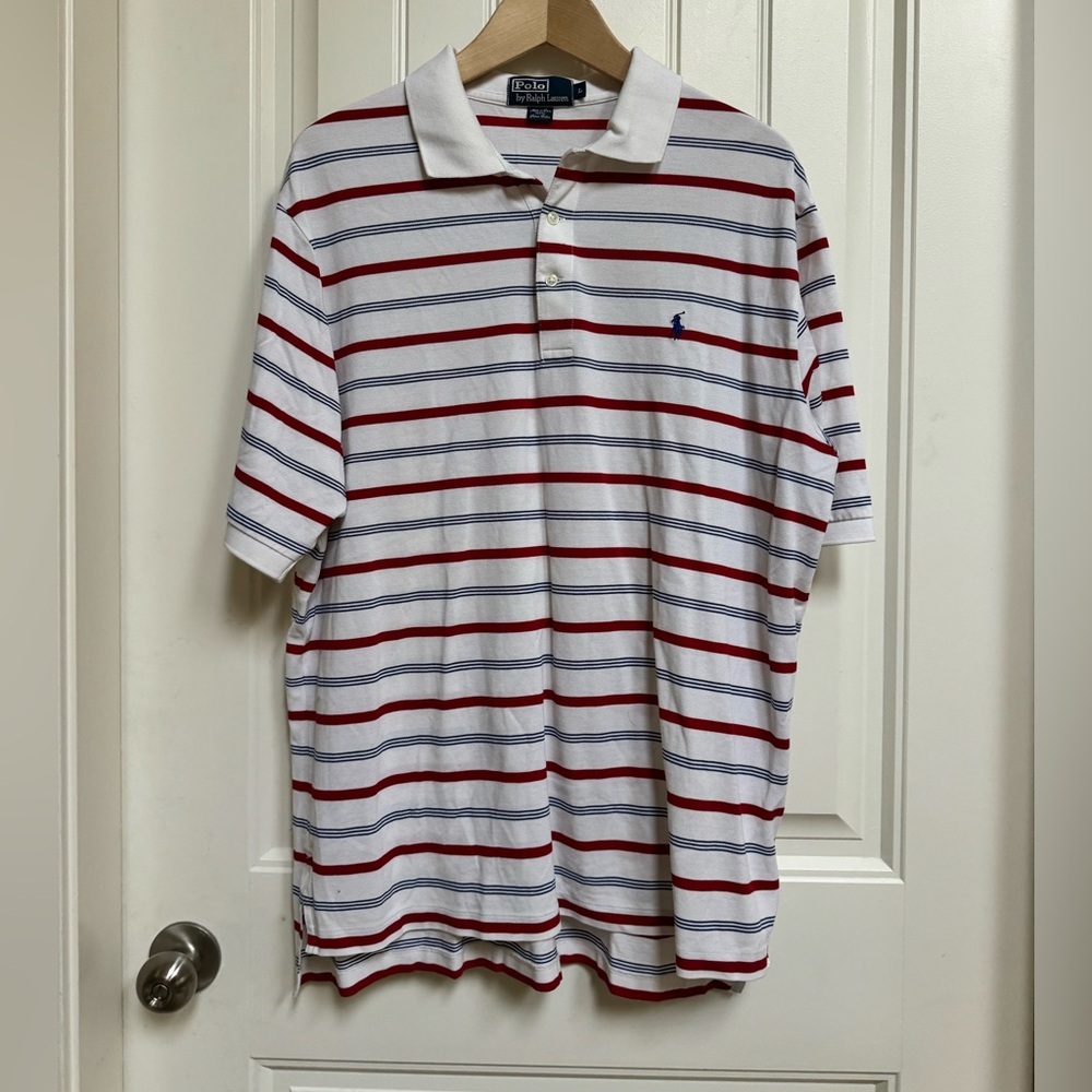 Vintage Polo Ralph Lauren Pima Cotton Red and Blue Striped Mesh Shirt. Size L